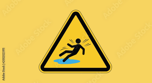 Yellow triangle caution sign featuring a slippery floor symbol provides a safety warning for pedestrians to beware of hazard conditions under construction or maintenance work