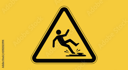 A yellow triangle warning sign serves as a caution symbol for road safety and traffic danger, featuring a black pedestrian silhouette for a crossing or slippery floor construction illustration