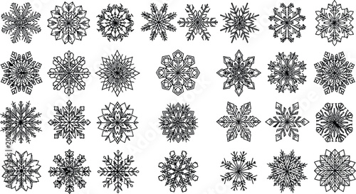 Large set of unique snowflake icons and winter crystal shapes for seasonal holiday decorations and weather graphics