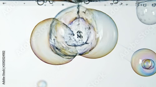 A close-up photograph showcases a cluster of iridescent soap bubbles floating against a clean white background, capturing their delicate forms and shimmering colors.