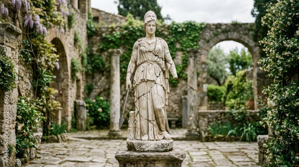 Fototapeta premium Ancient greek goddess statue standing in ruins garden