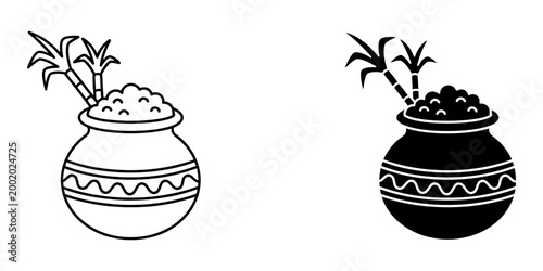 Traditional pongal festival pot icon set with sugarcane stalks representing harvest celebration cooking vessel featuring both minimalist black outline and bold solid black silhouette design elements.