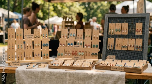 Handmade jewelry stall displaying unique polymer clay earrings at an outdoor market