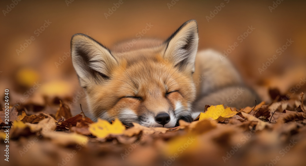 Fototapeta premium A red fox curls up and sleeps soundly on a carpet of golden autumn leaves, its vibrant russet fur blending beautifully with the fall foliage in a serene forest scene.