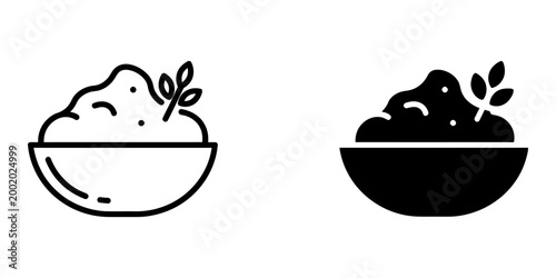 Cuadro en lienzo Mashed potato bowl with herbal garnish line and solid icons isolated on white background set for menu design web interface or culinary blog showcasing delicious creamy side dish with fresh leaf decor