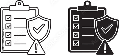 Checklist clipboard with security shield icon and warning alert sign as symbol of data safety protection compliance audit review vector art.