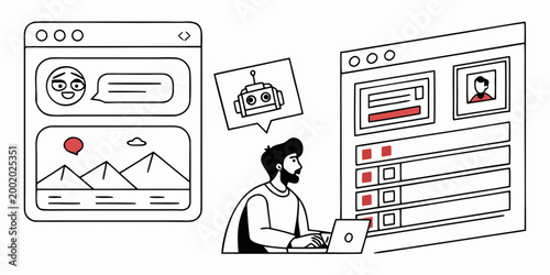 Illustration of a programmer working on software development and artificial intelligence tasks with developer software artificial intelligence technology programming computer interface