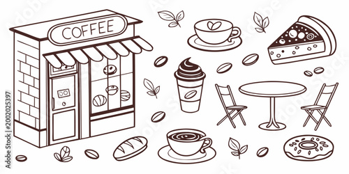 Fotografía Coffee shop and cafe bakery food doodle collection with hand drawn coffee beans