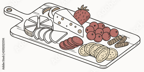 Illustration of assorted snack platter with cheese slices fruit crackers and sausage on wooden board crackers charcuterie appetizer culinary delicious catering gastronomy restaurant isolated