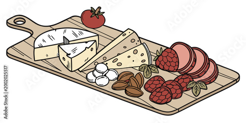 Gourmet cheese board illustration with brie cheese slices berries and almonds on wooden serving tray charcuterie appetizer culinary delicious catering gastronomy restaurant cheeseboard