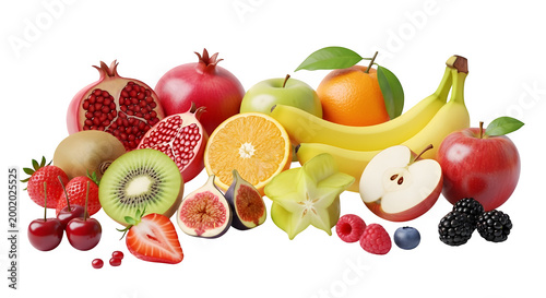 Assorted fresh fruits arrangement isolated on transparent background