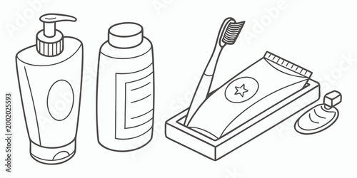 Bathroom essentials and oral care products icon illustration with bathroom essentials toothbrush toothpaste toiletries skincare wellness personal cosmetics container grooming treatment