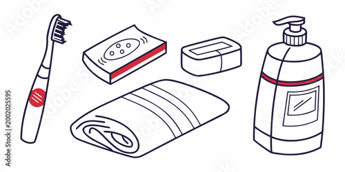 Modern bathroom hygiene and personal grooming products set with bathroom grooming personal toothbrush cosmetic cleansing supplies wellness equipment accessories container collection