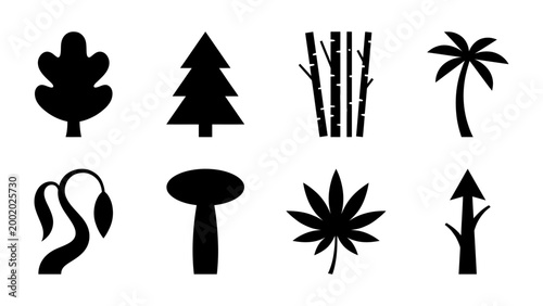 Collection of diverse tree and plant silhouettes including pine, palm, and birch