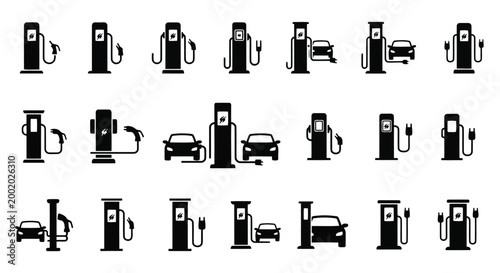 Black and white gas station fuel pump icons with cars refueling