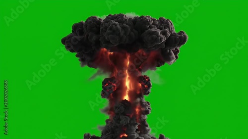 A vibrant explosion of fiery orange and red flames erupts against a bright green screen, creating a dynamic visual effect.