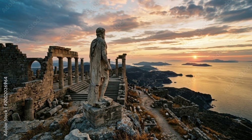 Fototapeta premium Ancient greek ruins with statue overlooking aegean sea sunset