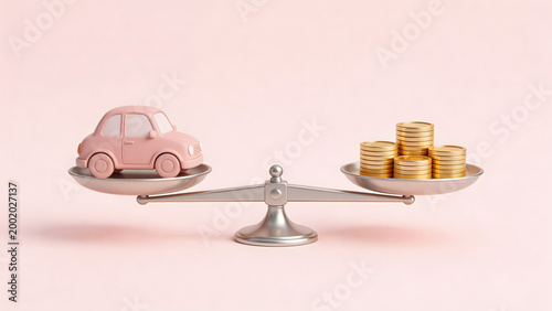 Pink toy car and gold coins on balance scale