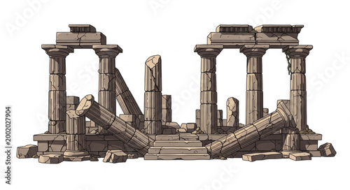 Tableau sur toile Ancient Greek temple ruins with broken columns and stone debris.