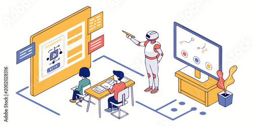 Robot instructor teaching students digital skills in high tech classroom with instructor teaching students education technology classroom learning artificial intelligence academic training