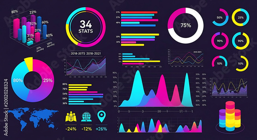Colorful data visualization infographic elements collection with infographic statistics analytics presentation business abstract information planning technology financial marketing analysis