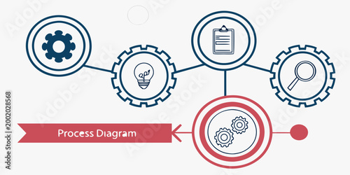 Professional business process diagram with connected gears and icons business workflow management strategy planning development operation optimization efficiency productivity corporate