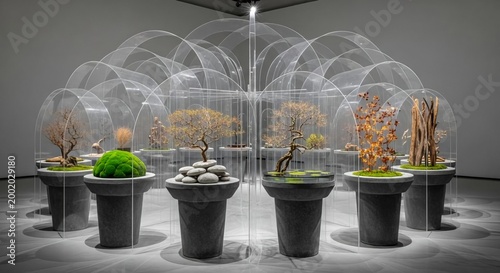 Miniature bonsai trees in glass domes on pedestals