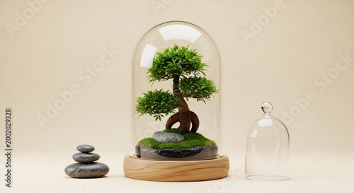 Bonsai tree in glass dome with stones and empty cloche on beige background