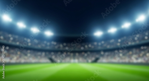 Captivating blurred image of a brightly lit soccer stadium with cheering crowds, ready for a night game under the floodlights