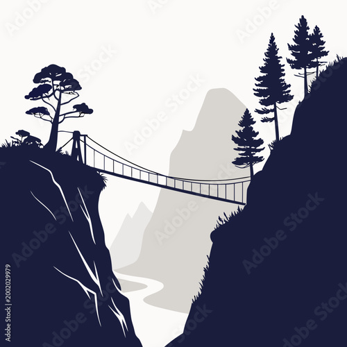 Silhouette illustration of a suspension bridge spanning a deep mountain canyon with coniferous trees mountains silhouette landscape suspension wilderness adventure outdoors evergreen