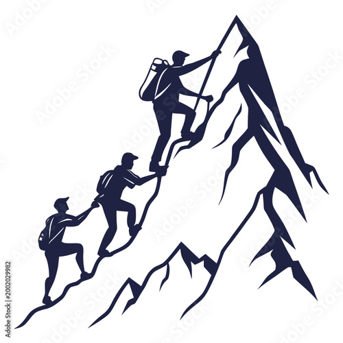 Team of hikers climbing up a steep mountain peak silhouette illustration with mountain climbing adventure alpinism mountaineering trekkers teamwork outdoors wilderness exploration backpacks