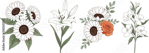 Vintage floral bouquet vector set featuring sunflower, lily, rose and delicate blossoms in elegant hand drawn botanical illustration style