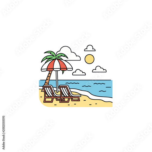 Beach chairs under a palm umbrella.