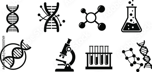 Science icons set DNA molecule microscope test tubes and laboratory equipment isolated vector silhouettes for research and education design