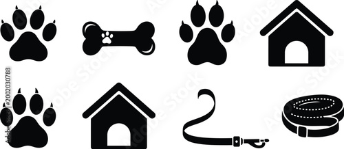 Pet care silhouettes set with paw prints dog house bone leash and collar isolated vector icon collection