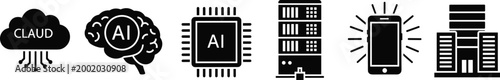 Technology icons set cloud computing artificial intelligence processor server smartphone and data center isolated vector silhouettes collection