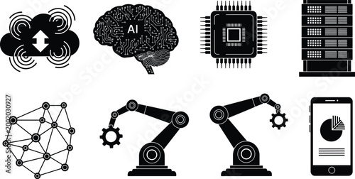 Technology icons set artificial intelligence cloud computing robotics network server smartphone and processor vector silhouettes collection