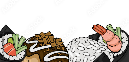 Vibrant vector banner with assorted Japanese sushi rolls and ingredients, perfect for food promotions