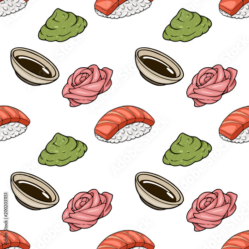 Seamless vector pattern of delicious Japanese sushi, wasabi, pickled ginger, and soy sauce.