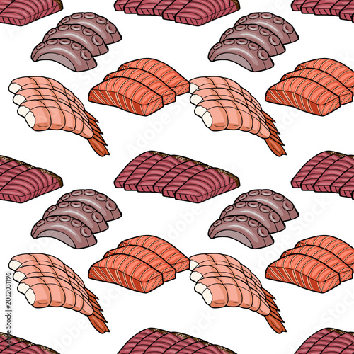 Seamless vector pattern of fresh sashimi slices and octopus tentacles, Japanese food illustration