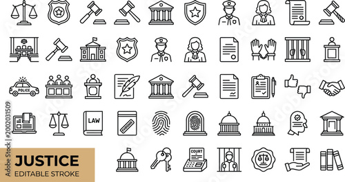 Justice and law line icons collection legal symbols set including police court gavel scales documents and legal elements