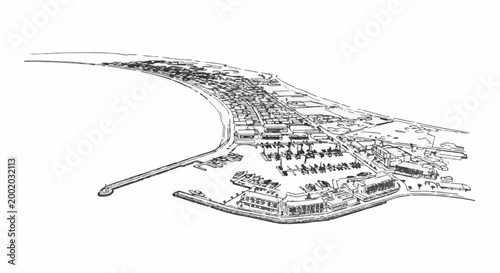 Detailed sketch of a coastal town with a prominent marina and harbor