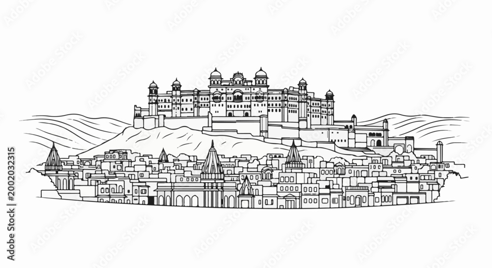 Fototapeta premium Detailed monochrome sketch of a sprawling ancient city with a grand palace on a hill