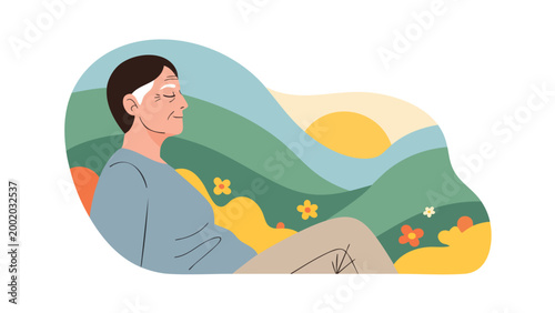 Senior Woman Relaxing Outdoors, Peaceful Nature Scene Illustration