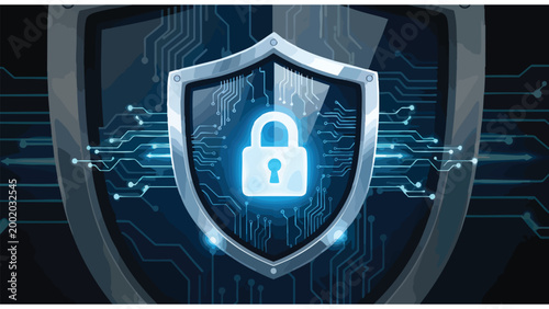 Digital Security Shield Icon with Circuit Board Background for Cybersecurity Protection