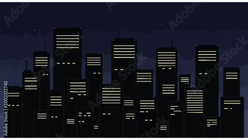 Modern City Skyline at Night, Business District Buildings, Urban Nightlife, Corporate Towers
