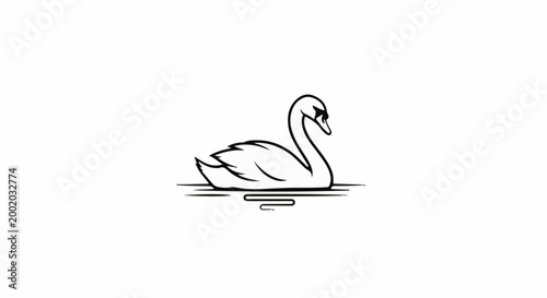 Elegant black and white line art depicts a swan gracefully floating on calm water