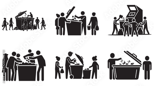 Set Of People Recycling Waste Into Trash Bins And Sorting Garbage For Environmental Cleanup