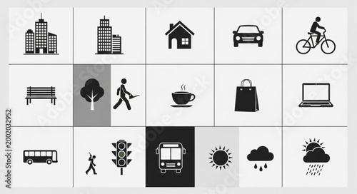 Collection of Icons Representing City Life and Daily Activities.