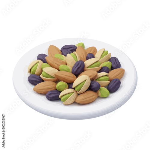 Variety of colored pistachios on plate.